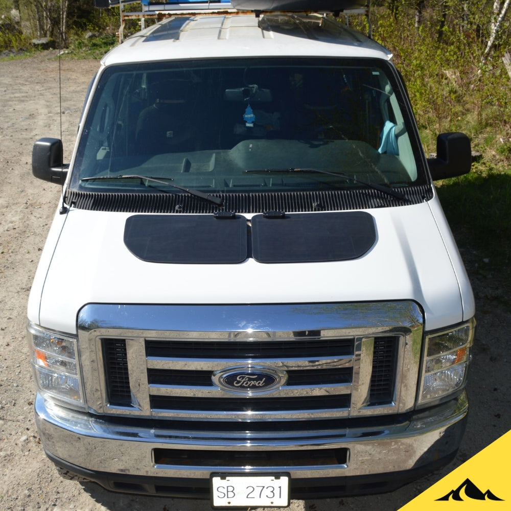 Cascadia 4x4 hood solar panel for the ford econoline Van. Trickle charge your econoline van battery with hood solar. For overlanding, RV and work vans