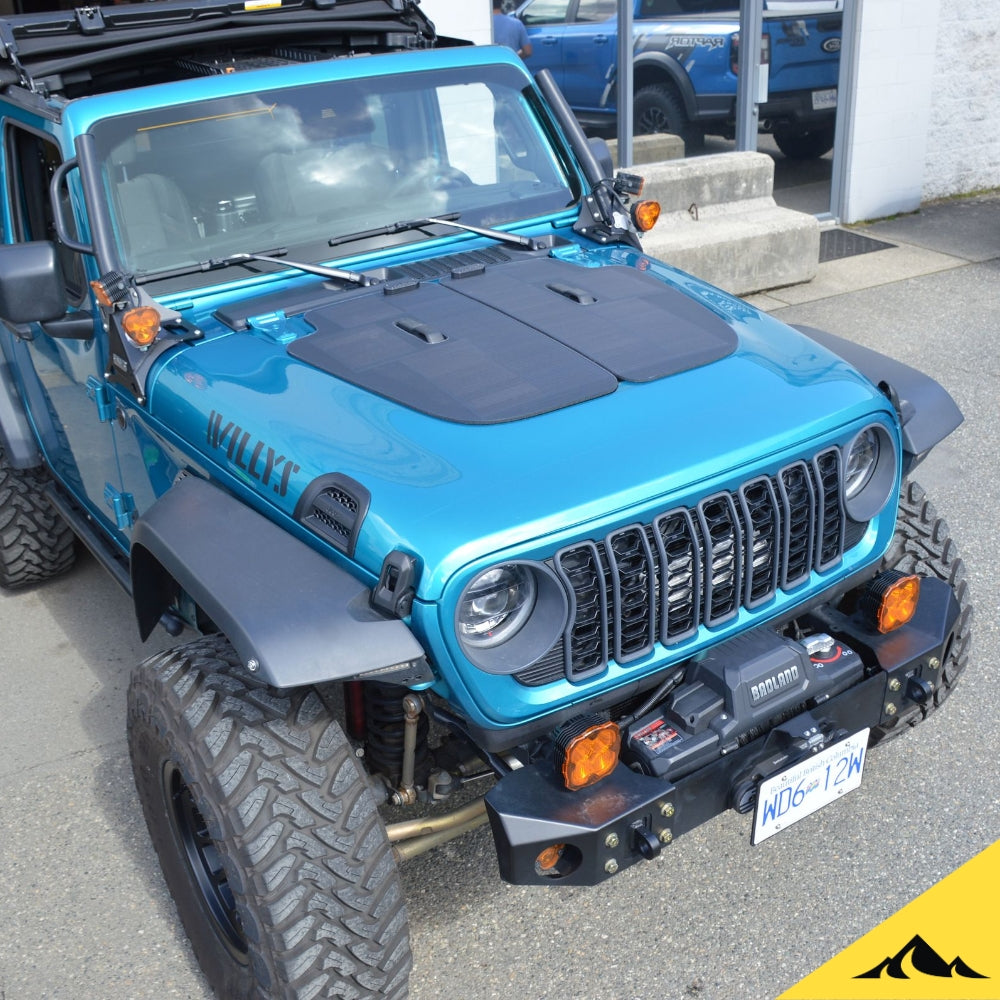 The Cascadia 4x4 90 watt hood/bonnet solar panel system for the JL wrangler sport hood