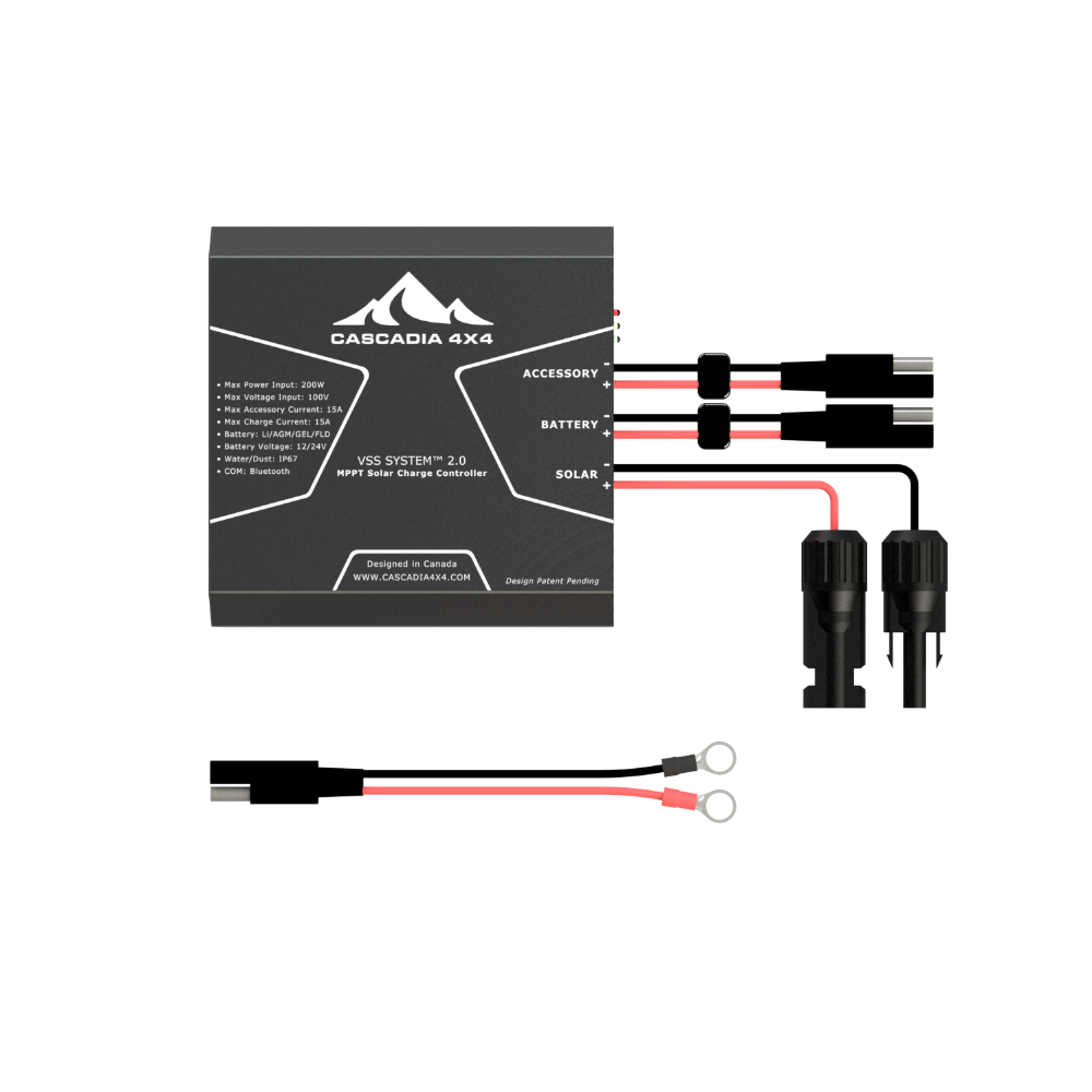 this is the bluetooth mppt charge controller used in the cascadia 4x4 vss system 2.0 hood mounted solar panel system. This charge controller is monitored via the cascadia 4x4 cascadiatether app. 