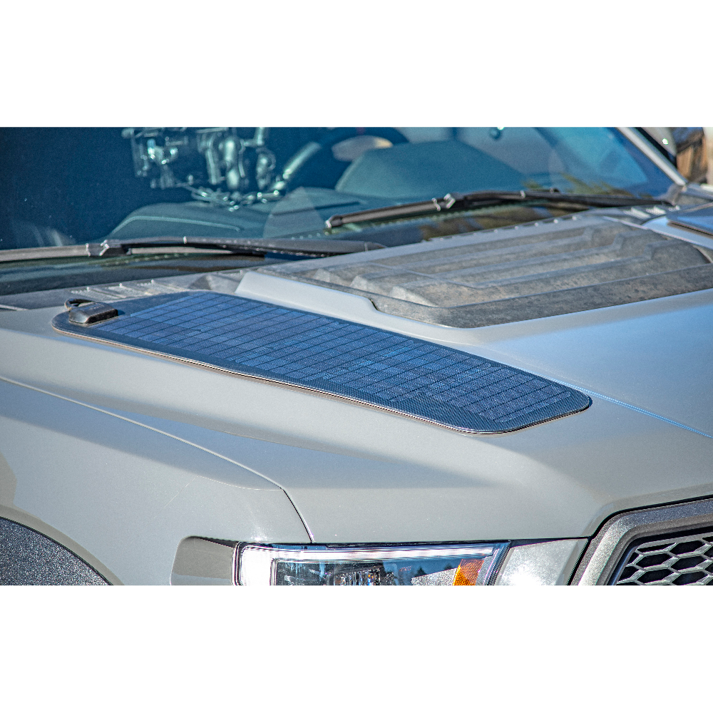 Cascadia 4x4 VSS System hood solar panel module for ford raptor 2017-2020 showing a side view. 