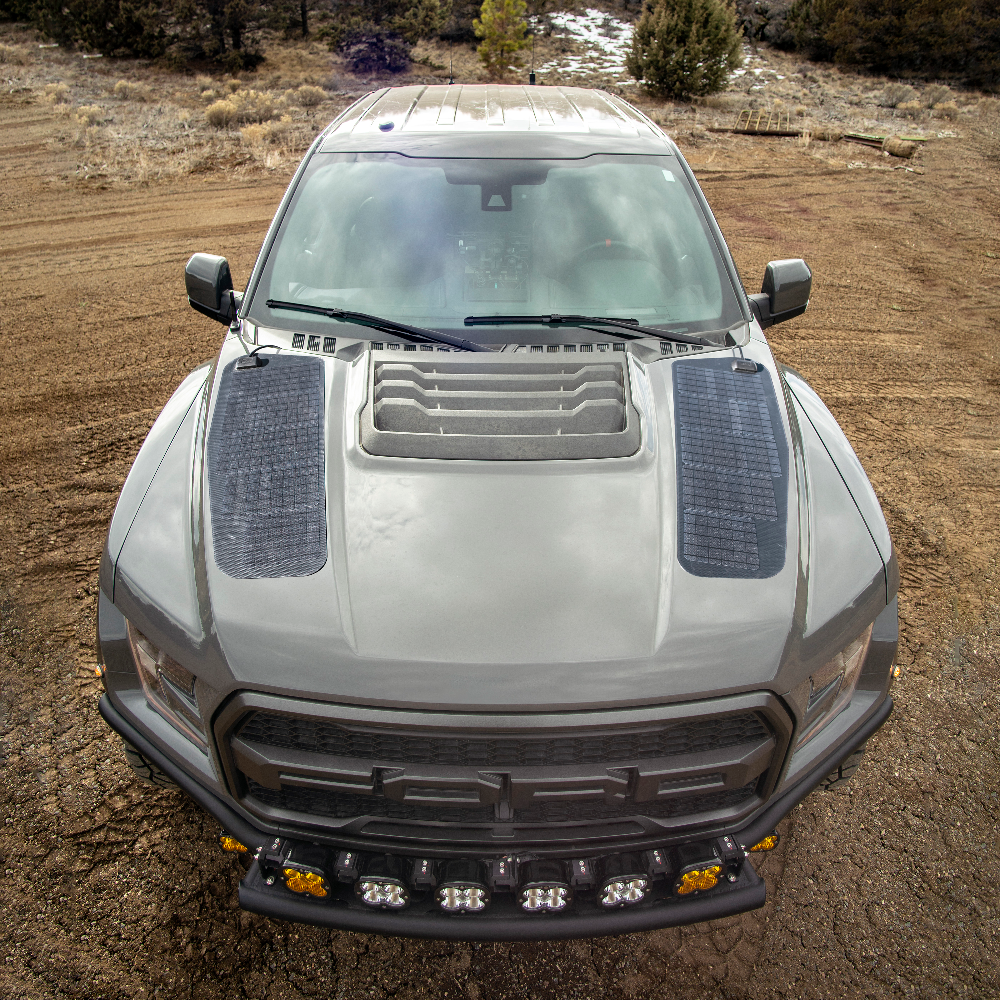 Cascadia 4x4 VSS System hood solar panel module for ford raptor 2017-2020. Showing twin solar panels.