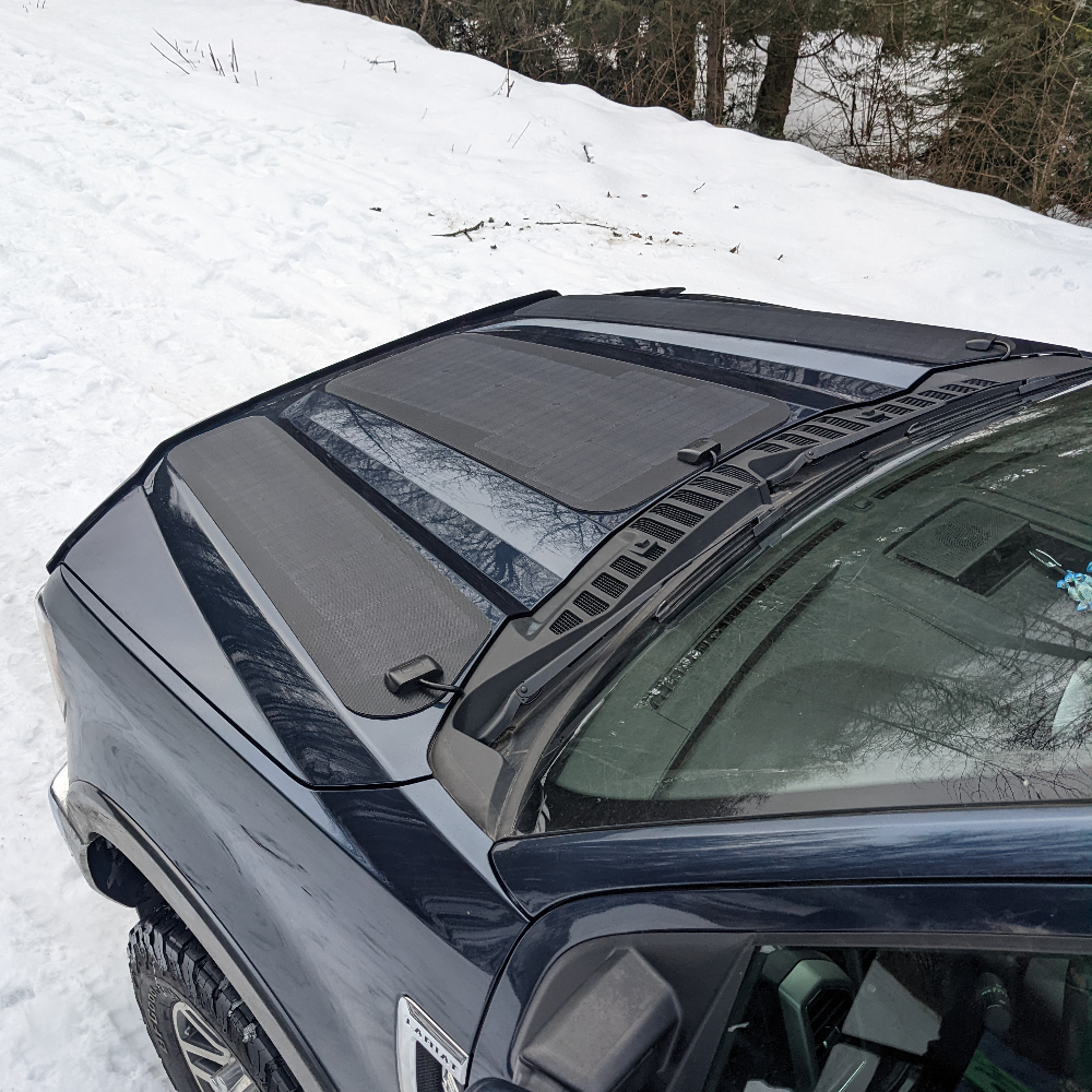 The Cascadia 4x4 VSS System hood solar panel module system for the ford super duty (f250,f350, f450, f550). 3 Flexible solar panels. 