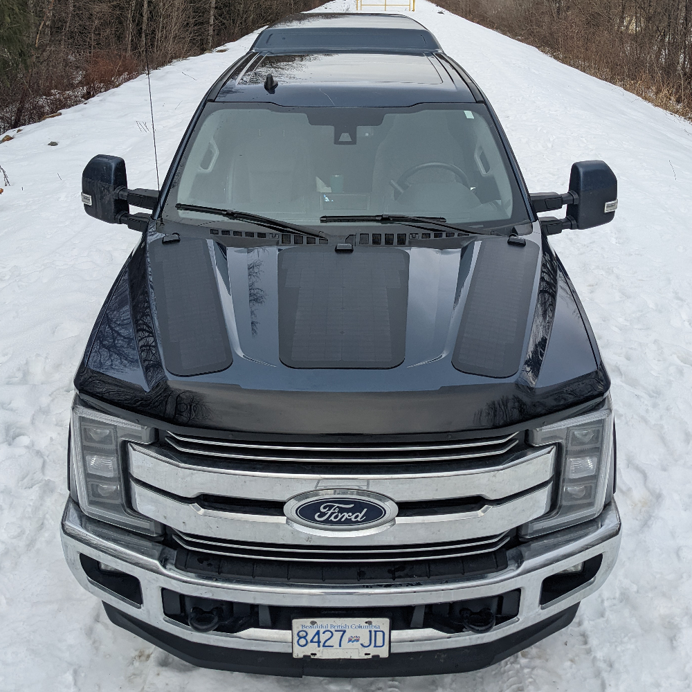 The Cascadia 4x4 VSS System hood solar panel module system for the ford super duty (f250,f350, f450, f550).