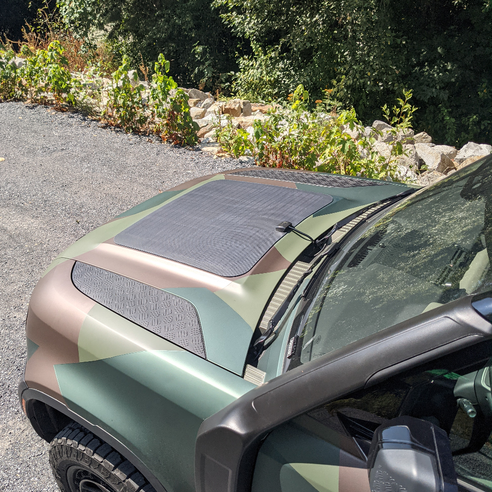 Cascadia 4x4 hood solar panel system for the new land rover defender, perfect for overlanding