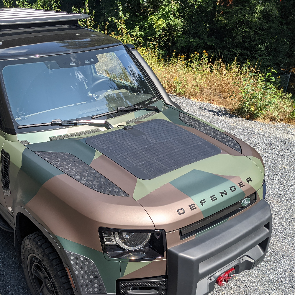 Cascadia 4x4 hood solar panel system for the new land rover defender, semi flexible bonnet solar panel