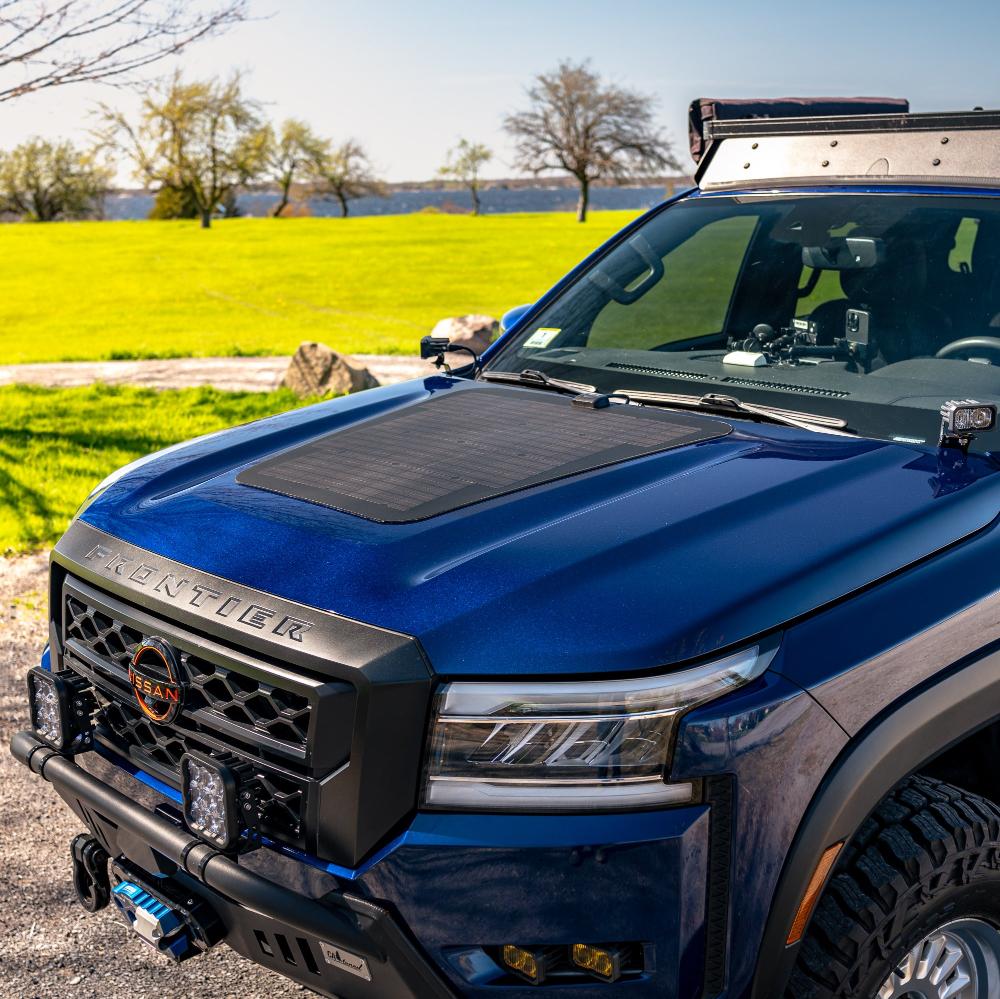 2022-2025 cascadia 4x4 hood solar panel sytem for the nissan frontier. Perfect for camping and overlanding. Blue truck