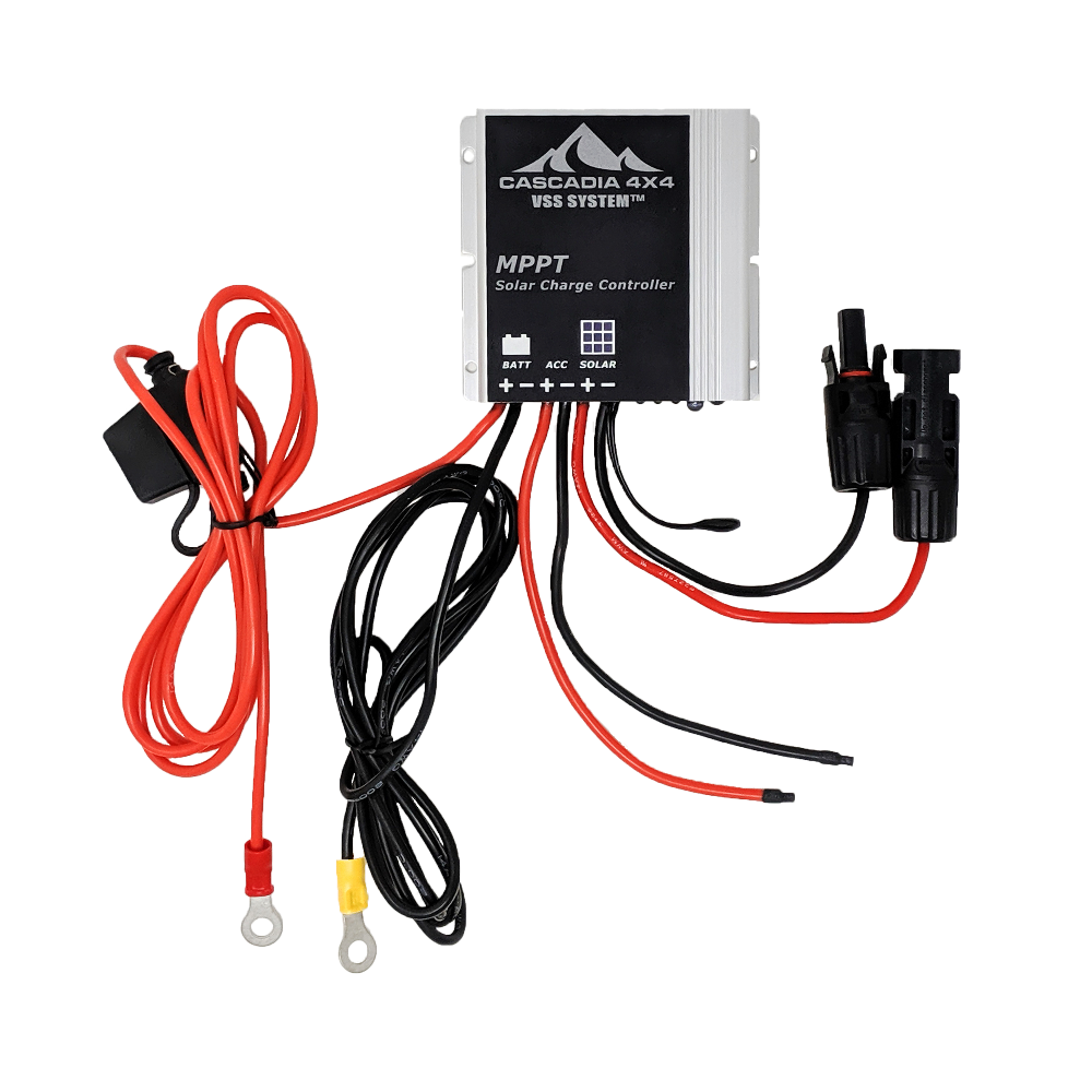 The 10A MPPT solar charge controller from Cascadia 4x4 featuring plug-and-play wiring. 