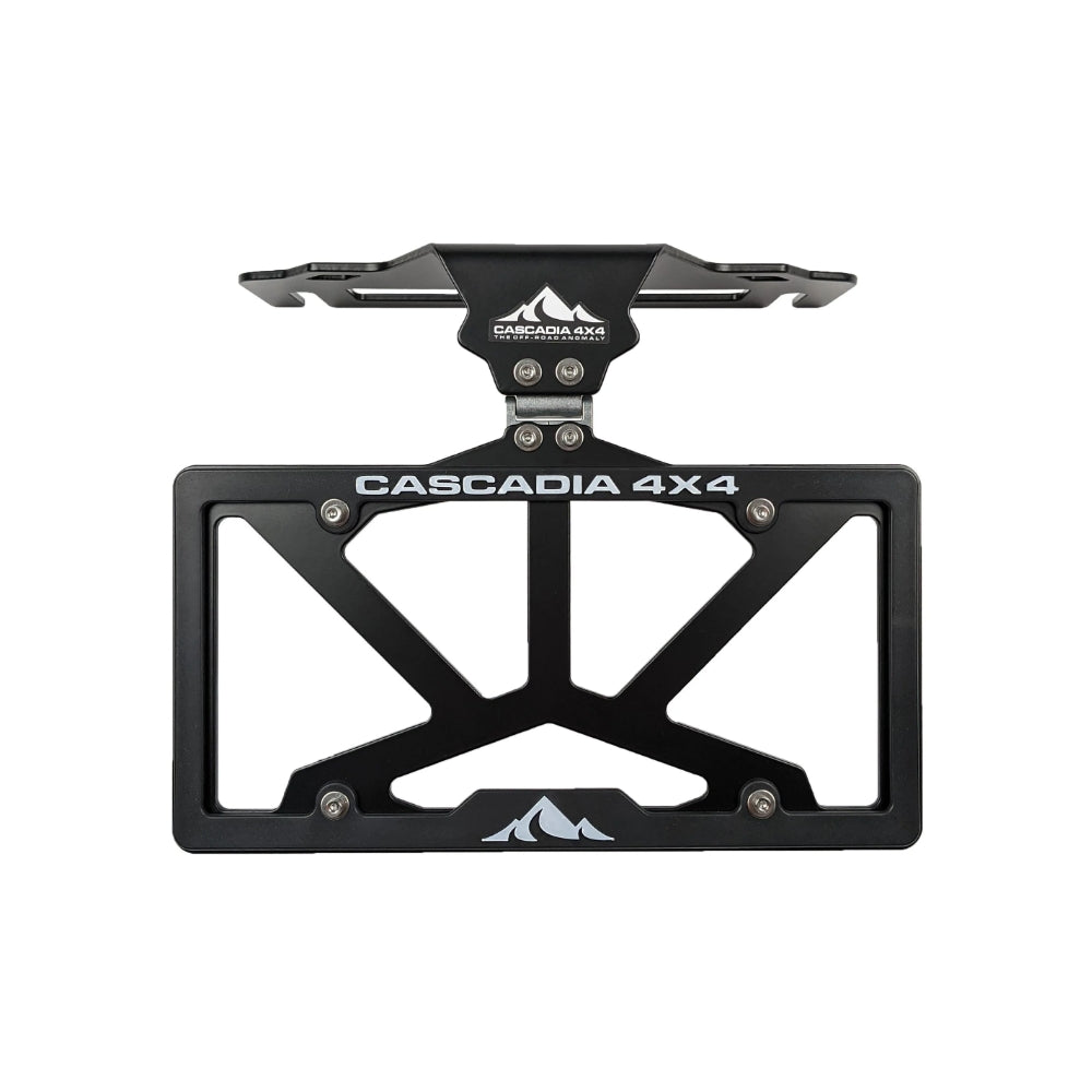 The Cascadia 4x4 Flipster V3 winch license plate mounting system showing it flipped open from above.