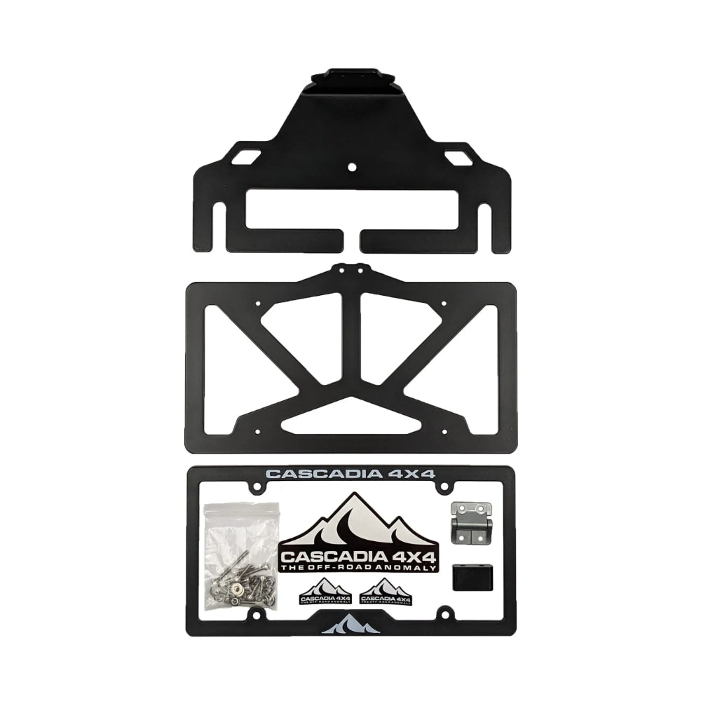 The Cascadia 4x4 Flipster V3 winch license plate mounting system showing individual components.