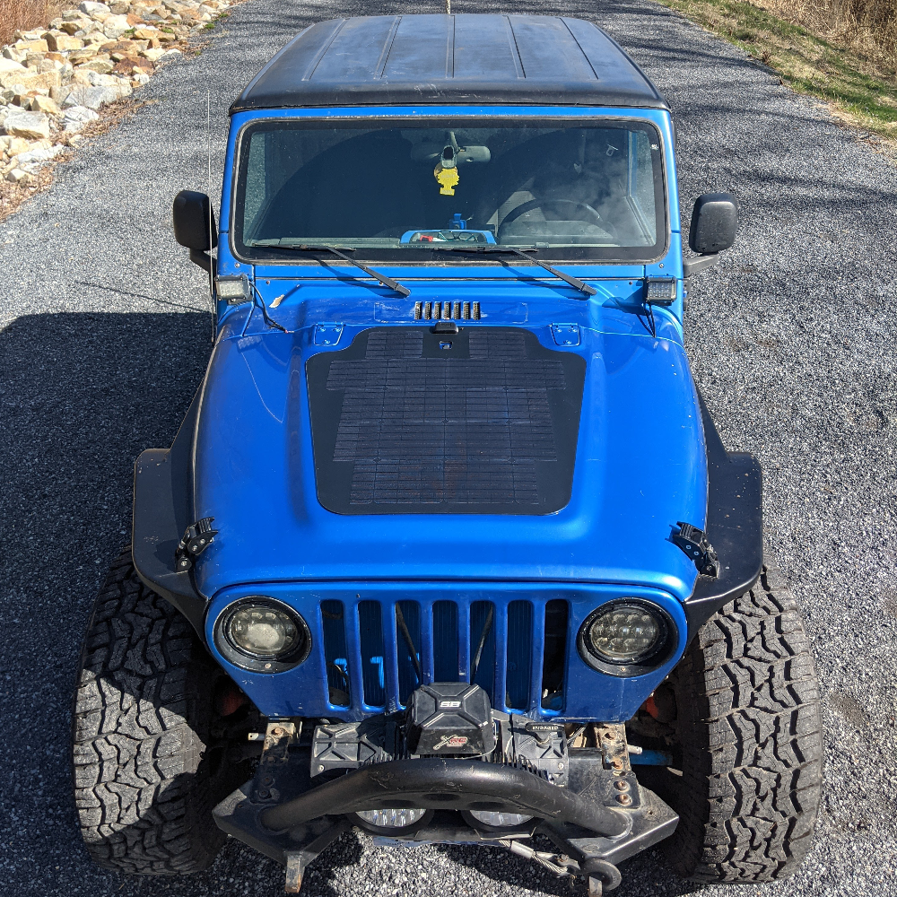 The Cascadia 4x4 VSS System 1.0 hood solar module system for the jeep wrangler TJ and LJ