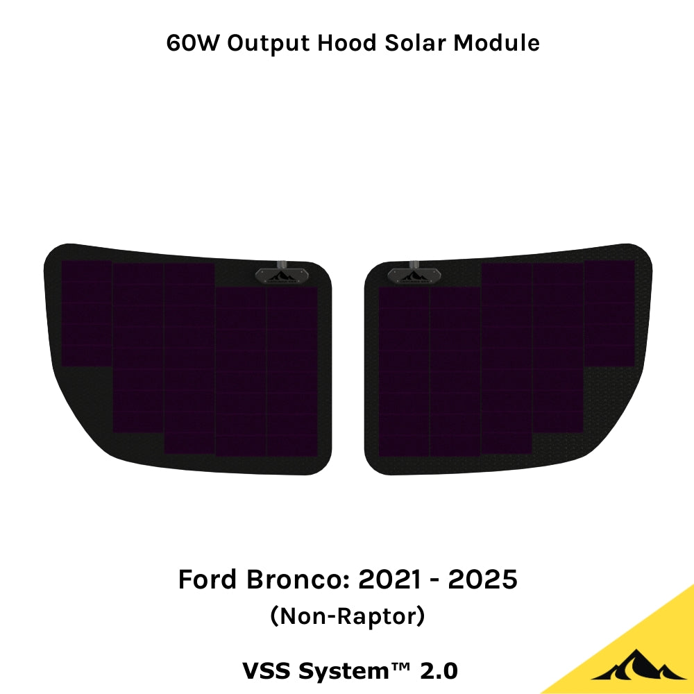 This is the VSS System 2.0 from Cascadia 4x4. This is a flexible 60 watt hood solar module/panel for the Ford bronco. 