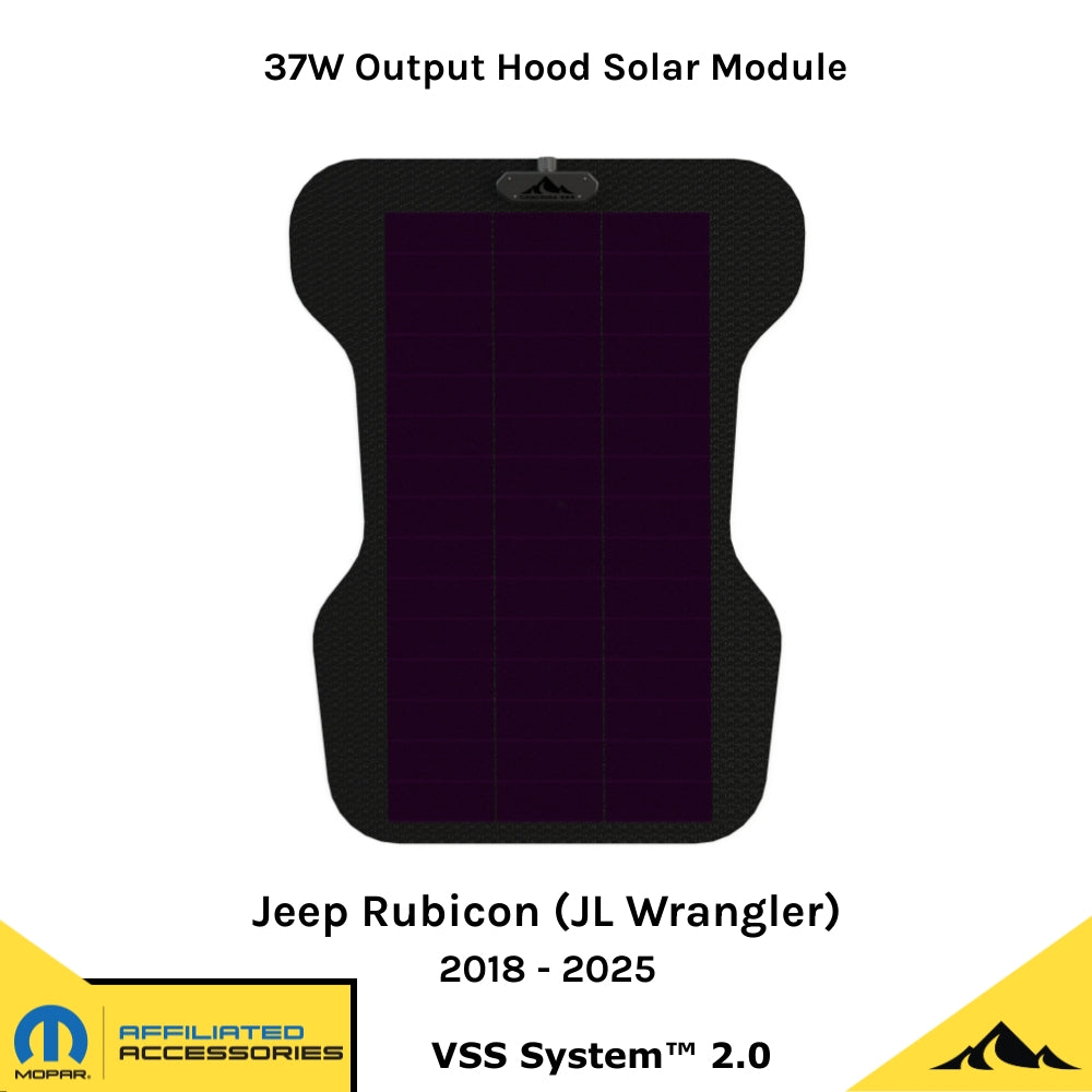 This is the VSS System 2.0 from Cascadia 4x4. This is a flexible 37 watt hood solar module/panel for the jeep rubicon wrangler JL.