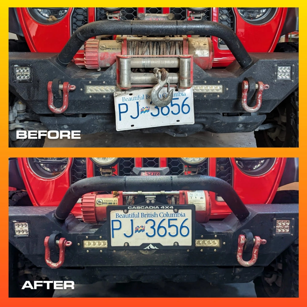 The Cascadia 4x4 Flipster V3 winch license plate mounting system/bracket showing before and after installation. 