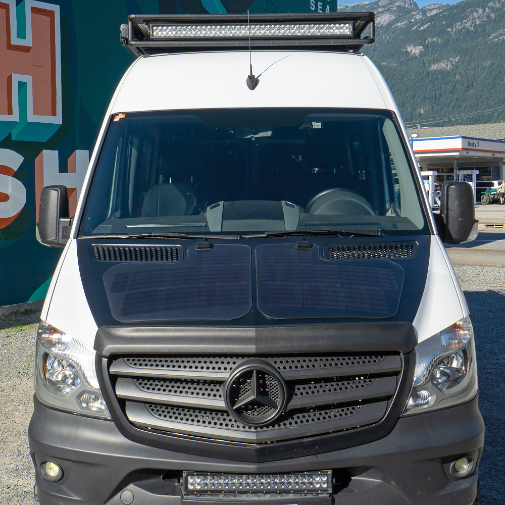 mercedes-benz sprinter van with the cascadia 4x4 vss sytem flexible hood solar panels for camping and overlanding