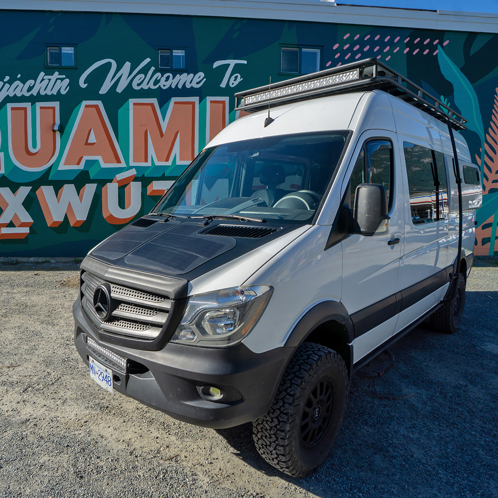 mercedes-benz sprinter van with the cascadia 4x4 vss sytem hood solar panel system