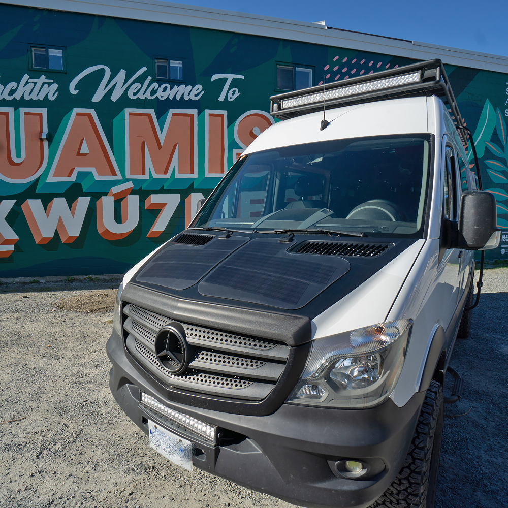 mercedes-benz sprinter van with the cascadia 4x4 vss sytem hood solar panels