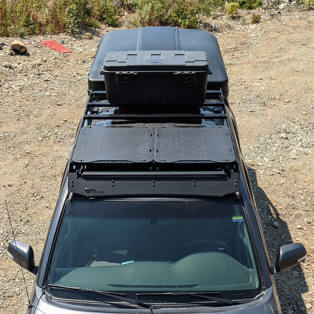 The Cascadia 4x4 vss system 1.0 solar panel for the prinsu roof rack on a toyota tacoma