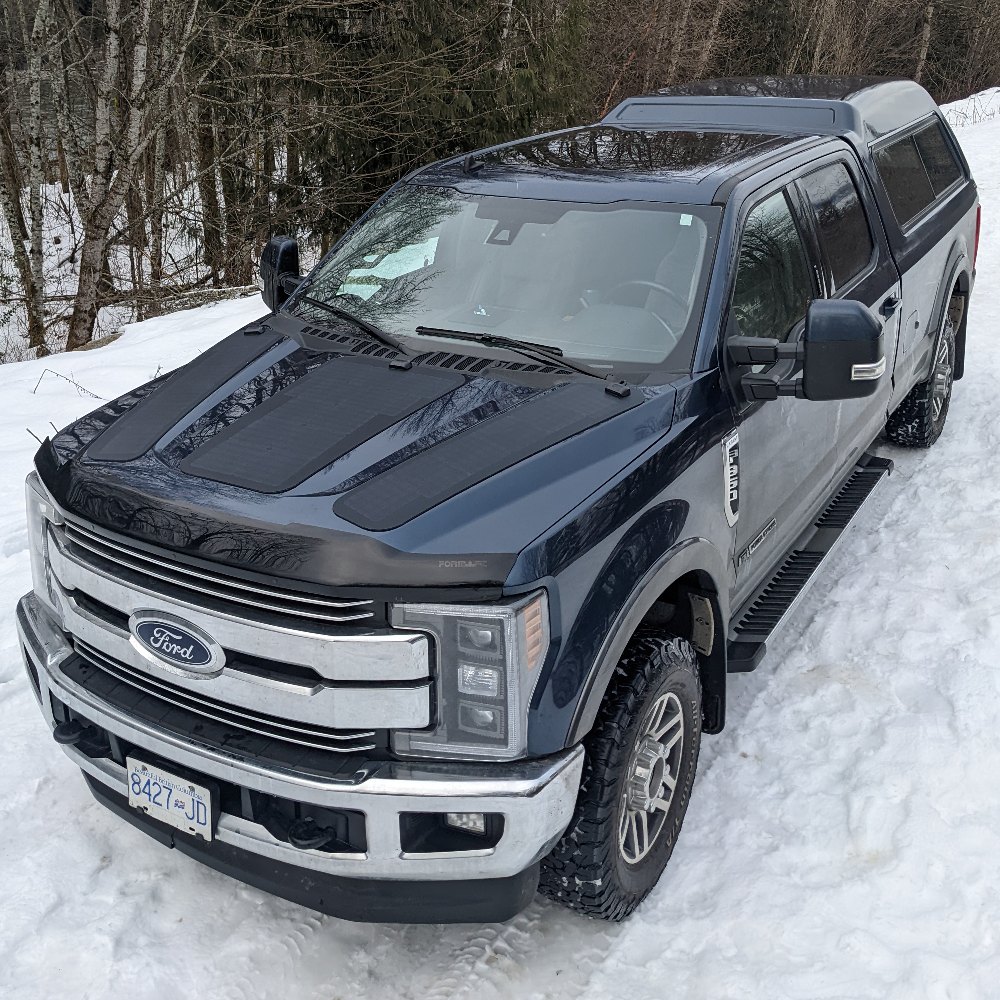 The Cascadia 4x4 VSS System hood solar panel module system for the ford super duty (f250,f350, f450, f550). Powerstroke diesel