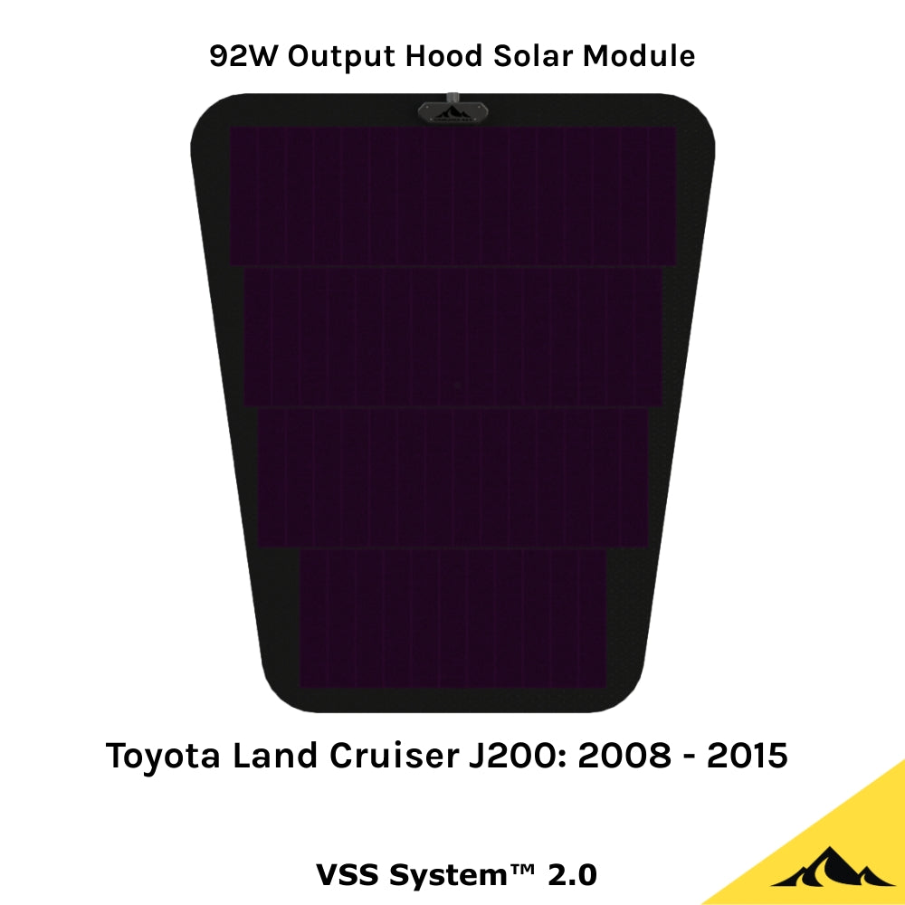 This is the VSS System 2.0 from Cascadia 4x4. This is a flexible 92 watt hood solar module/panel for the Toyota J200 series Land Cruiser