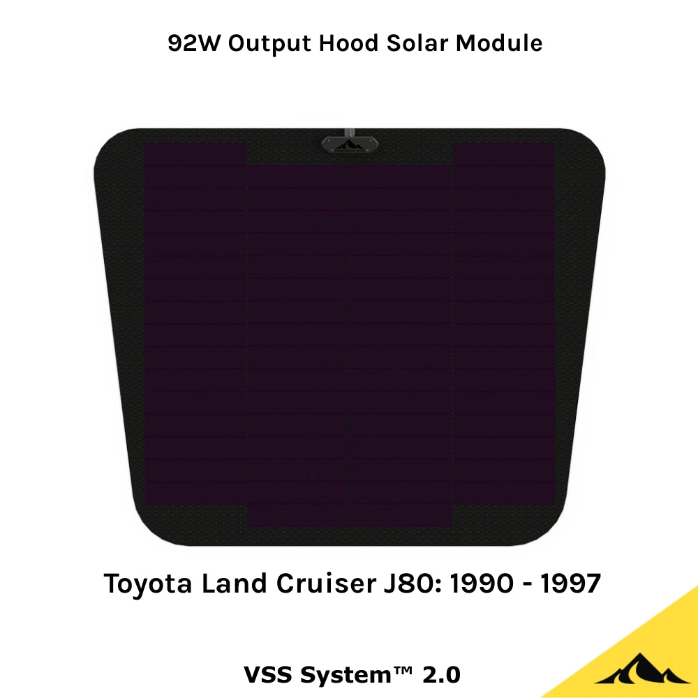 
This is the VSS System 2.0 from Cascadia 4x4. This is a flexible 92 watt hood solar module/panel for the Toyota J80 series Land Cruiser