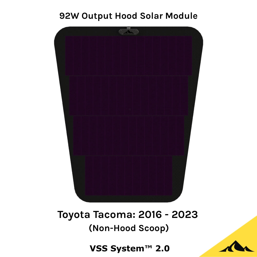 This is the VSS System 2.0 from Cascadia 4x4. This is a flexible 92 watt hood solar module/panel for the Toyota Tacoma 3rd gen.