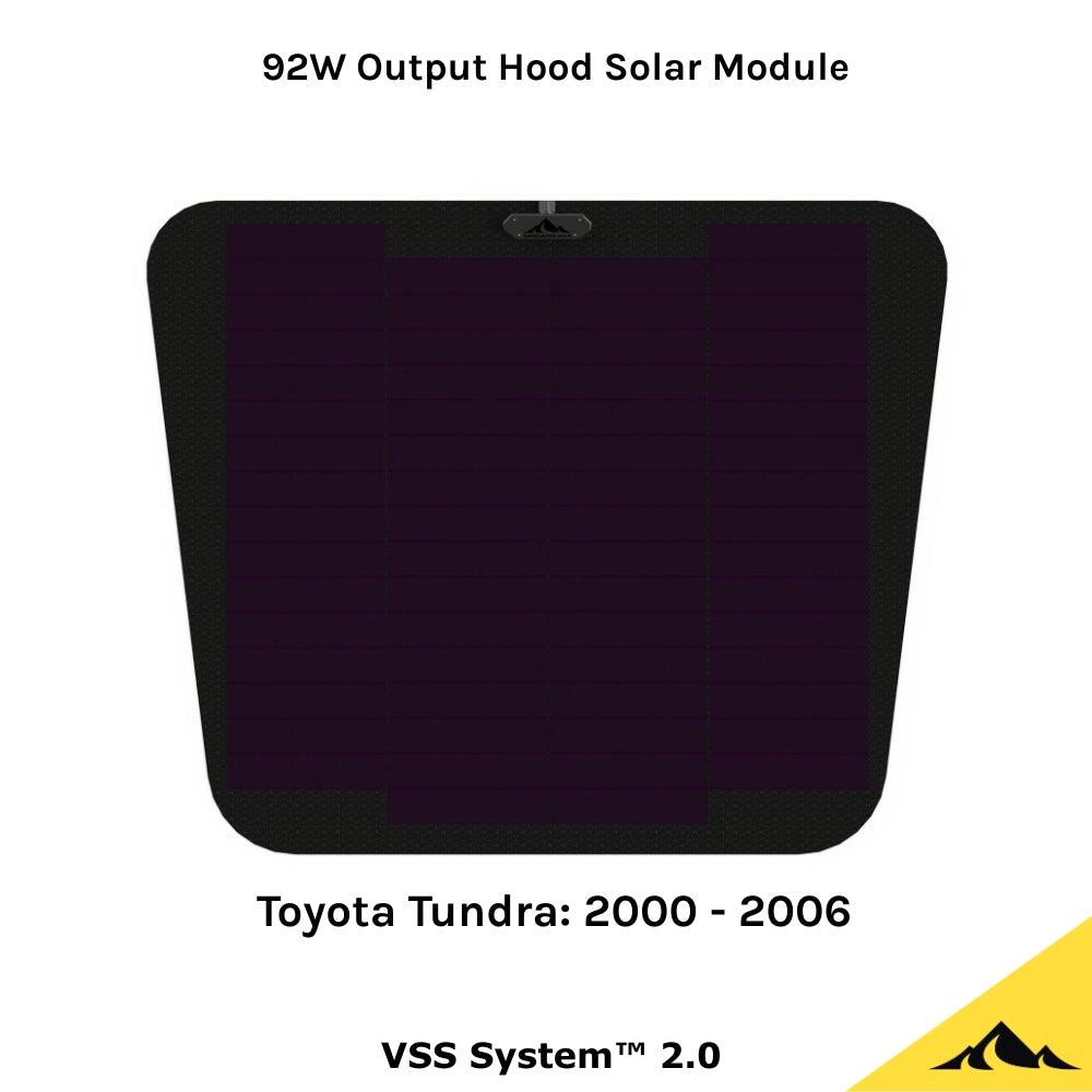 
This is the VSS System 2.0 from Cascadia 4x4. This is a flexible 92 watt hood solar module/panel for the Toyota Tundra 1st gen.