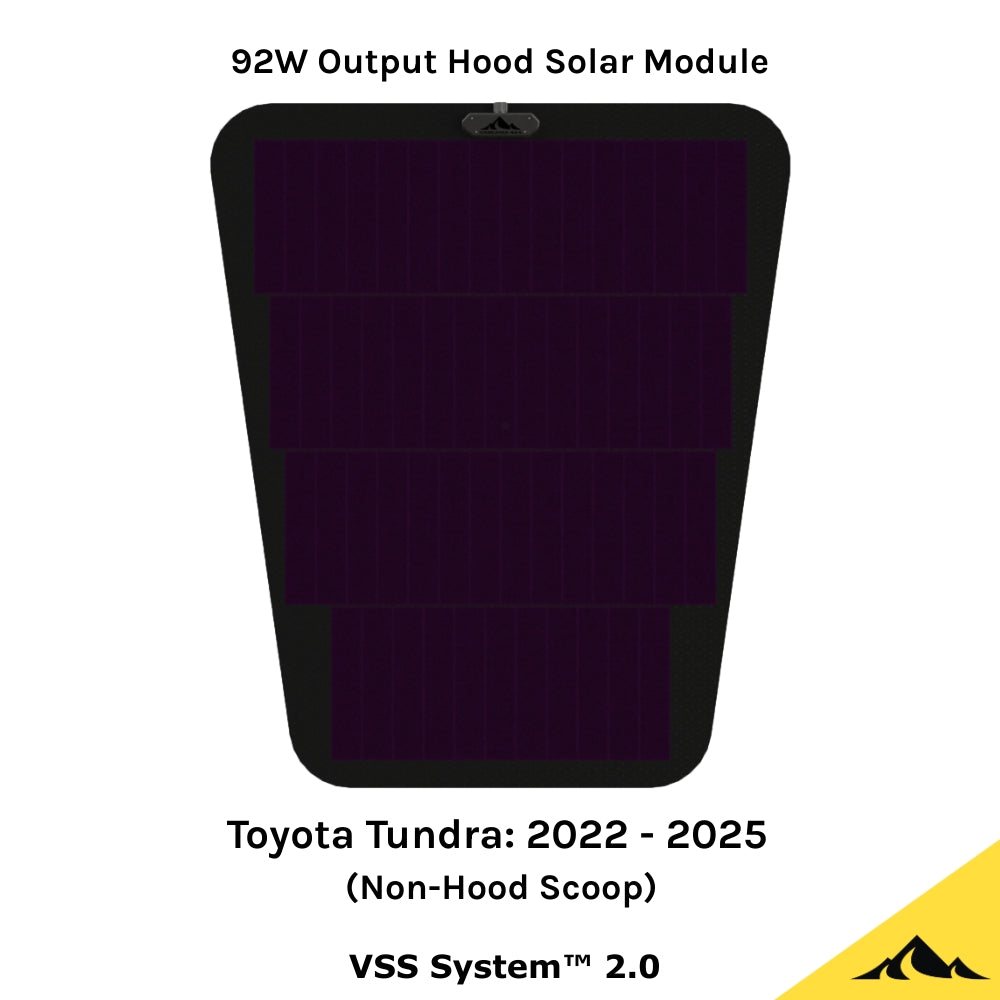 This is the VSS System 2.0 from Cascadia 4x4. This is a flexible 92 watt hood solar module/panel for the Toyota Tundra 3rd gen.